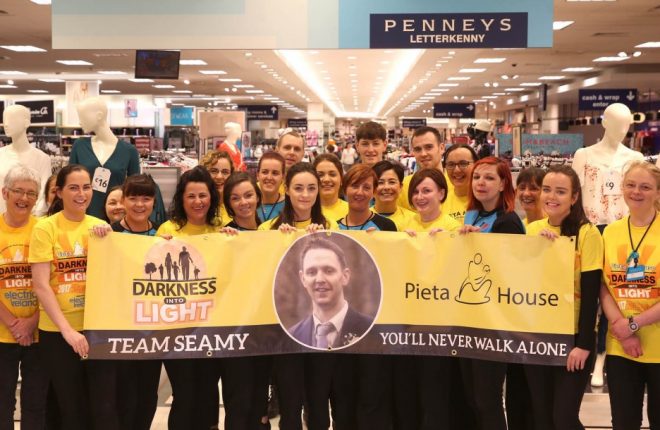 Some of the staff at Penney's Letterkenny who are going to complete the Pieta House, Darkness into Light 5k walk on Saturday morning in memory of their colleague Seamy Peoples. Photo: Donna El Assaad