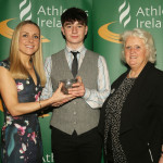 Athletics Ireland Emerald Crystal Star Awards for 2016: Donegal Award Winner David Smith, Letterkenny Athletic Club, receives his award from Georgina Drumm, President Athletics Ireland and Kerry O'Flaherty, Irish Olympian, at the Tullamore Court Hotel. Photo: Dan McGrath/Editorial Images.