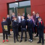 Sixth class pupils Jack McConnell, Ronan O'Donnell, Matthew Doranm Eunan McAleese, Back; Conor Bonner, Alex Ramsey, Daragh Lynch, Rhys Bildik and Reyce Kelly with Principal Bridn Farren and Catherine Crawford, pictured outside their new extension being officially opened next week. hoto: Donna El Assaad
