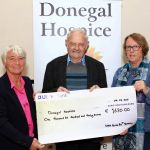 Wille Burke, Kilmacrennan, presenting a cheque for the sum raised at his recent 80th birthday party to Donegal Hospice vice chairsperson, Grace Boyle, and Pallative Care nurse Deirdre Trearty. Willie who is battling cancer at the moment would like to thank everyone very much for their kindness in donating so generously at the 80th birthday party on behalf of the Donegal Hospice. Thanks to the Lagoon Lounge staff for the lovely food, and their care and attention. Thanks also to Vincent Cassidy, and Freddy McGettigan, for supplying the music on the night. Thanks so much to all of you who visited and helped in making it such a special night.
