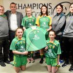 Donal Sharkey,Donegal LGFA, Kevin Ward Managing Director of Champions Travel, Clodagh O Connor, Andrea Cutliff, Abbie Mc Granaghan Bronagh Duffy with Aine Riley and Maura Mc Crudden at the launch of the new Donegal LGFA underage away kit kindly sponsored by Champions Travel at the Companies recent customer appreciation Day.